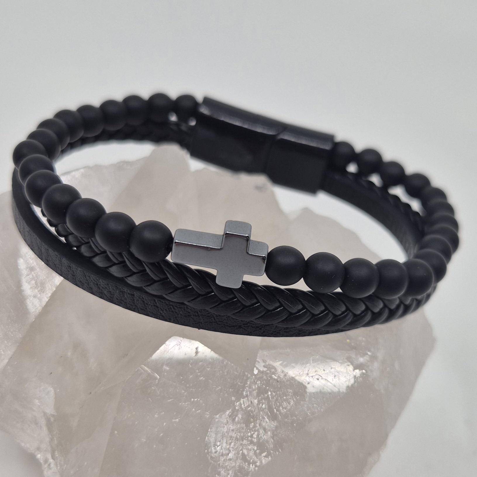 Armbånd han/henne 3 rader agat sort matt