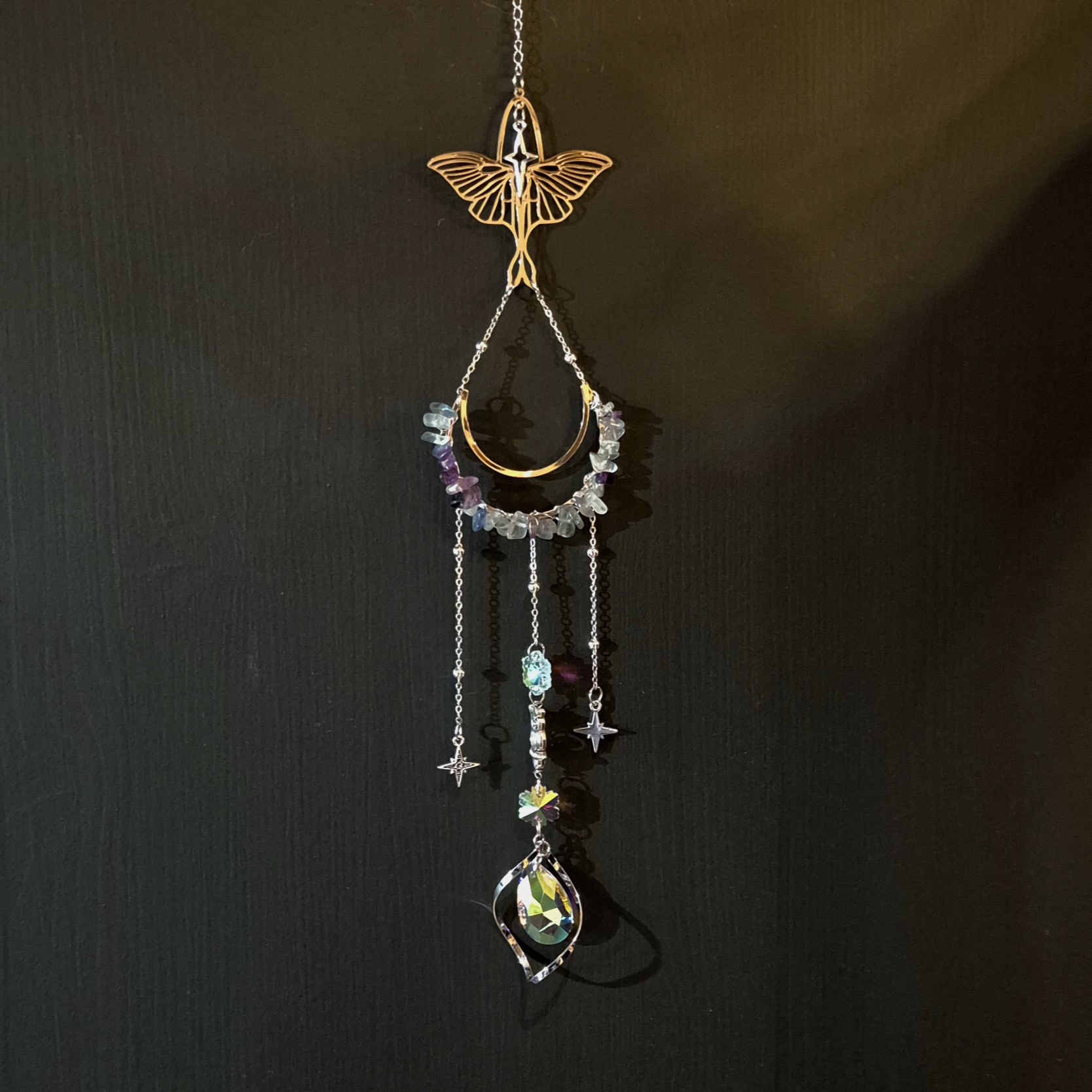 Solfanger (suncatcher) måne/ugle fluoritt regnbue